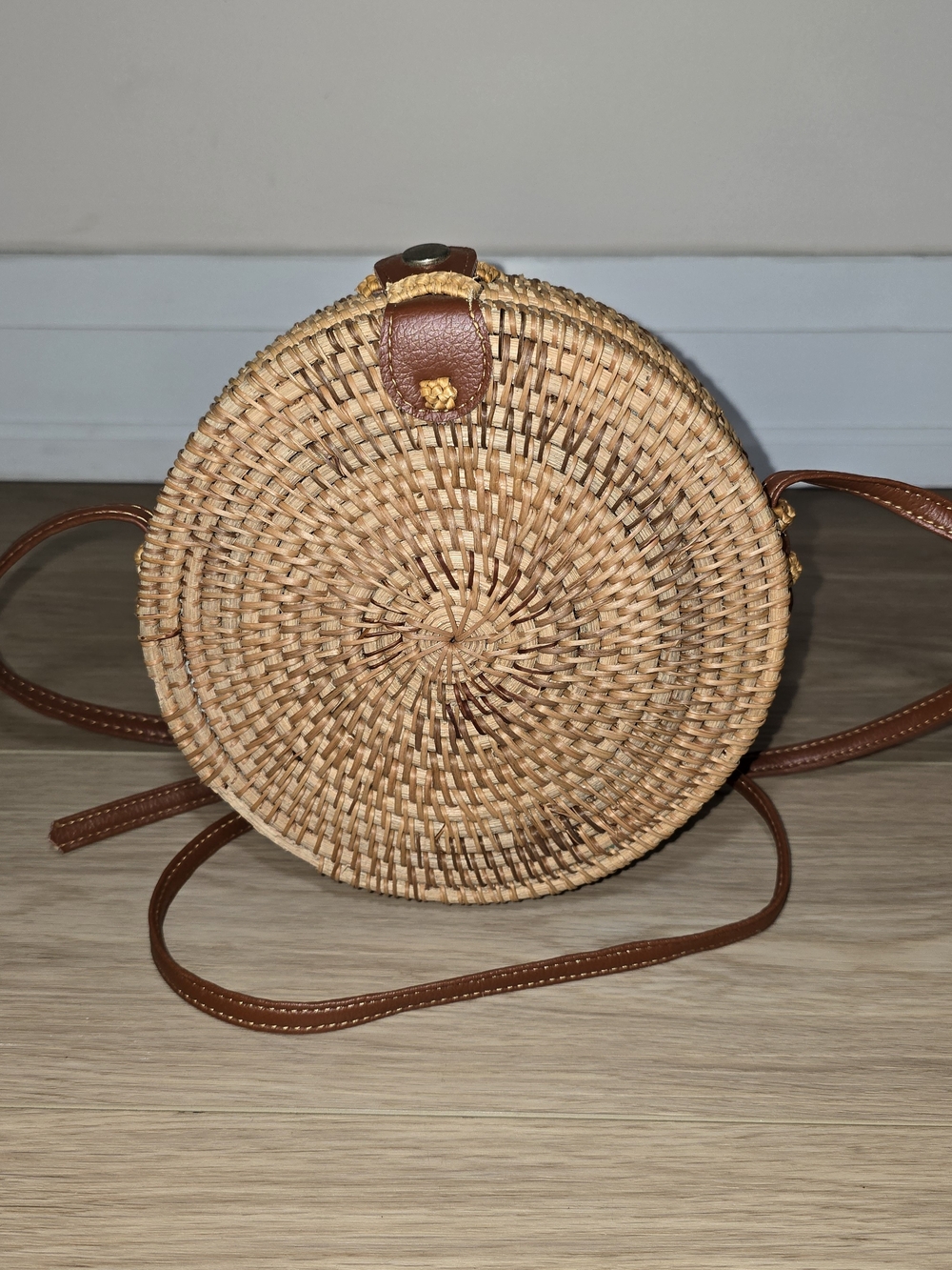 Boho Round Rattan Straw Crossbody Bag Woven Bali Circle Purse Brown Strap